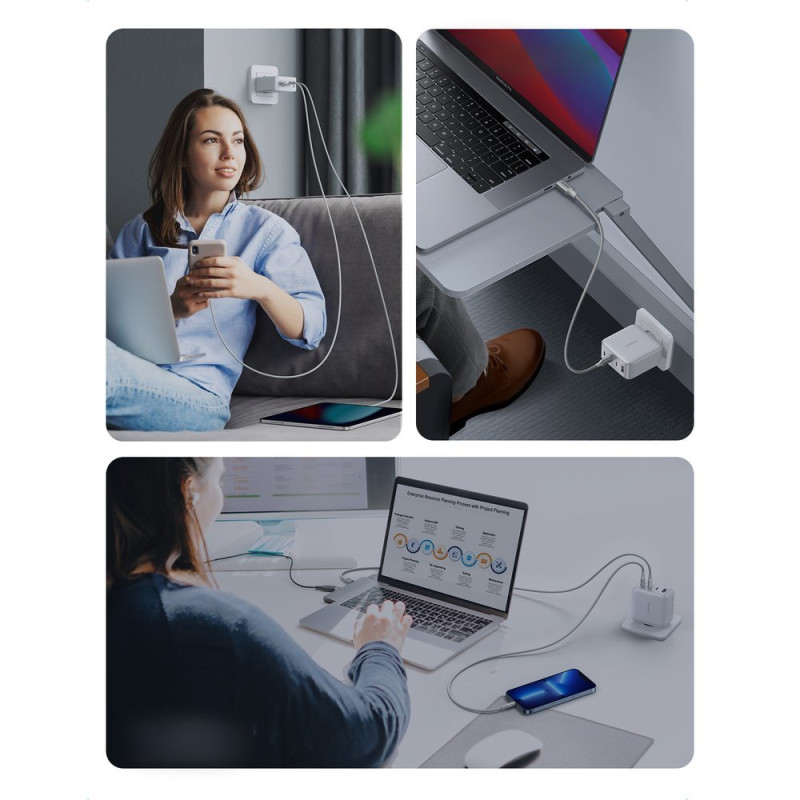 GaN greitas įkroviklis 3x USB-C USB 100W PPS PD Maitinimo tiekimas baltas