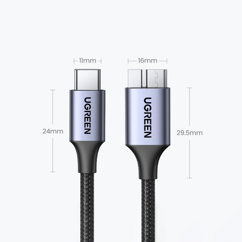 USB-C disko kabelis – microUSB-B 3.0 5Gb/ s 3A 2m pilka