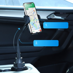 Juodas automobilinis telefono laikiklis puodelio laikikliui