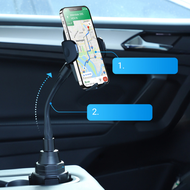 Juodas automobilinis telefono laikiklis puodelio laikikliui