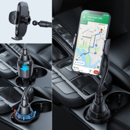 Juodas automobilinis telefono laikiklis puodelio laikikliui