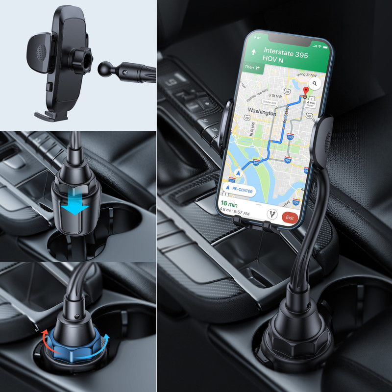 Juodas automobilinis telefono laikiklis puodelio laikikliui
