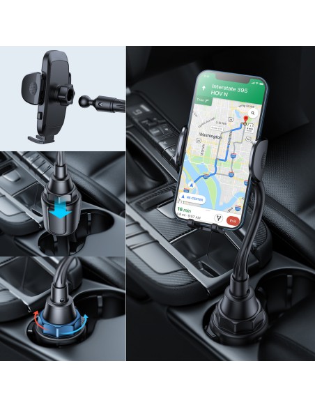 Juodas automobilinis telefono laikiklis puodelio laikikliui Juodas automobilinis telefono laikiklis puodelio laikikliui