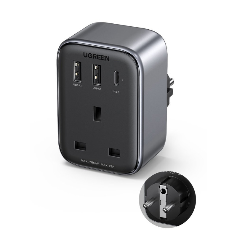 
2in1 EU 2x USB įkroviklis, USB-C + UK kištuko adapteris, juodas
