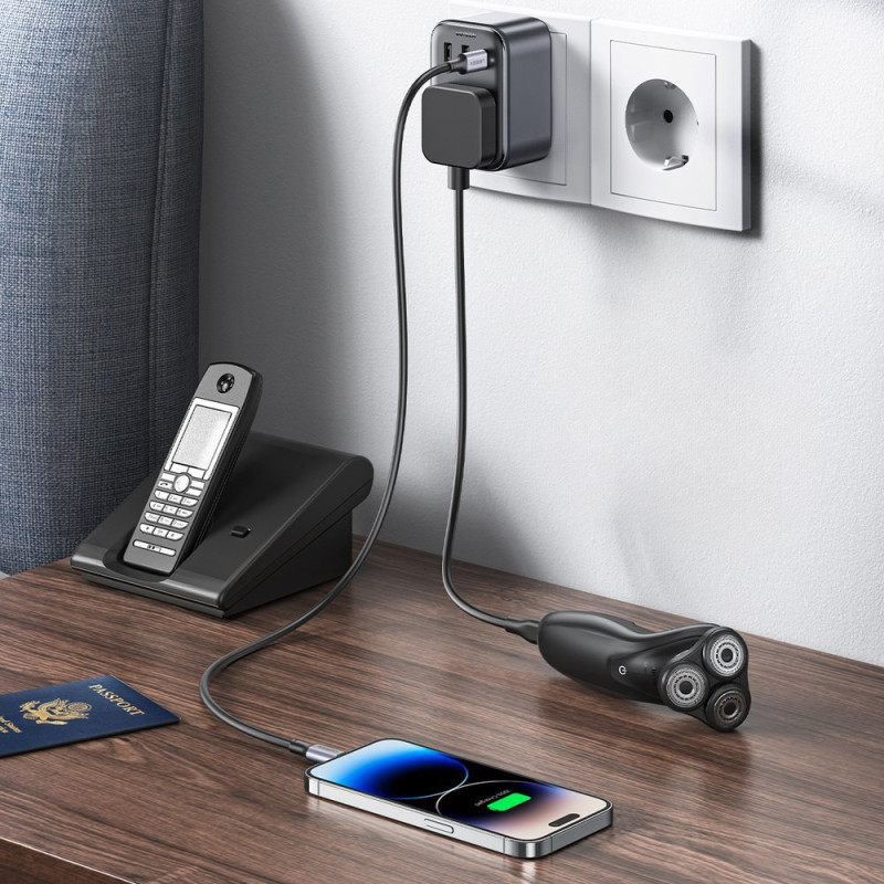 
2in1 EU 2x USB įkroviklis, USB-C + UK kištuko adapteris, juodas
