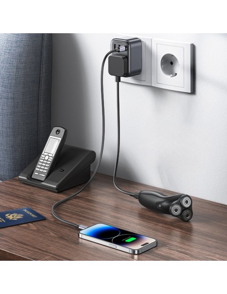 
2in1 EU 2x USB įkroviklis, USB-C + UK kištuko adapteris, juodas
