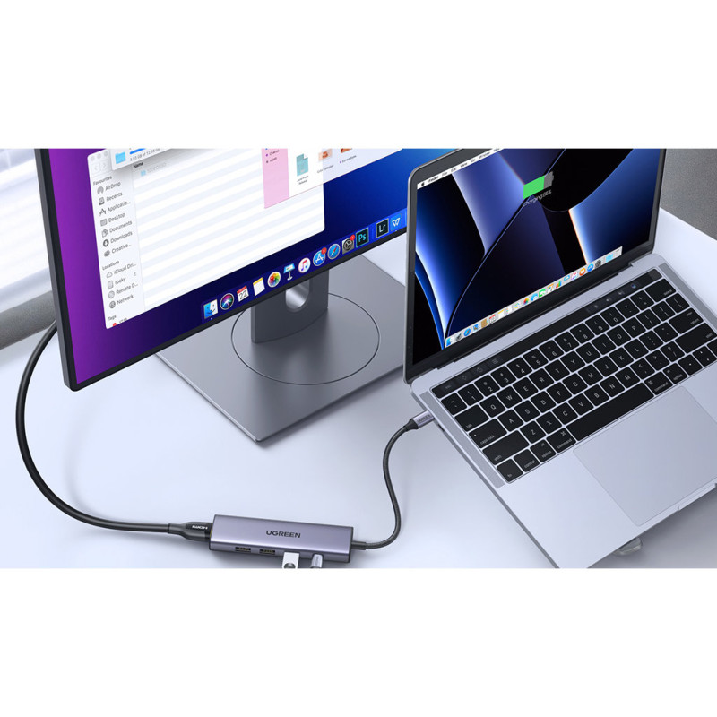 5 viename daugiafunkcis HUB adapteris USB-C 3x USB-A HDMI 4K PD 100 W pilka
