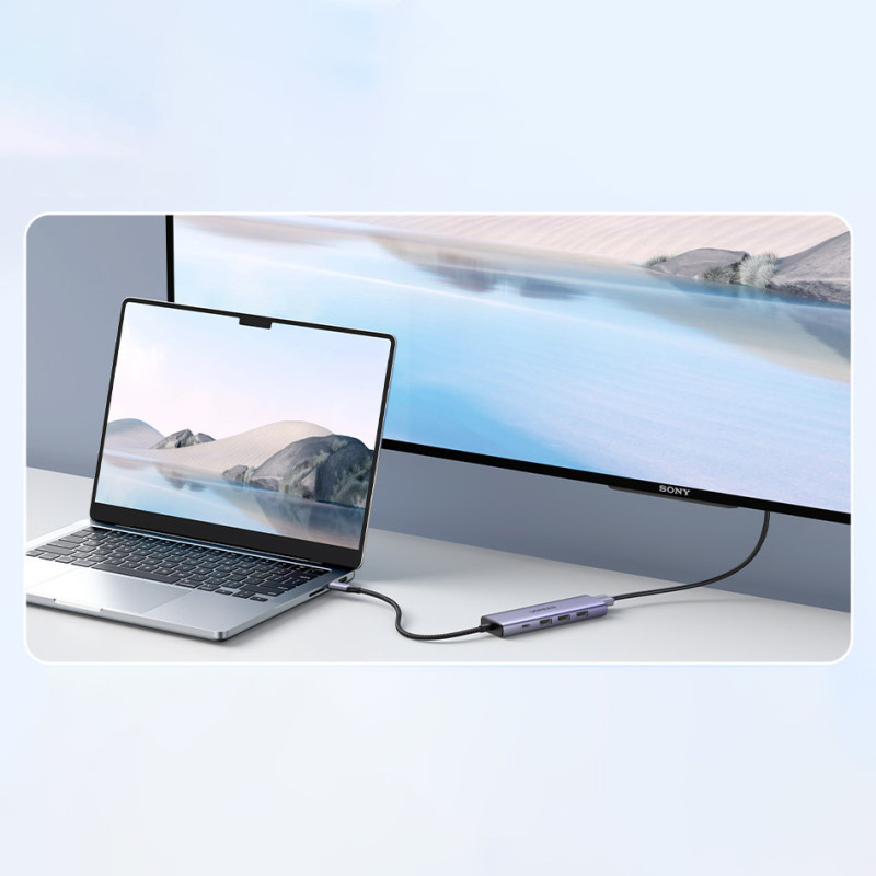 5 viename daugiafunkcis HUB adapteris USB-C 3x USB-A HDMI 4K PD 100 W pilka