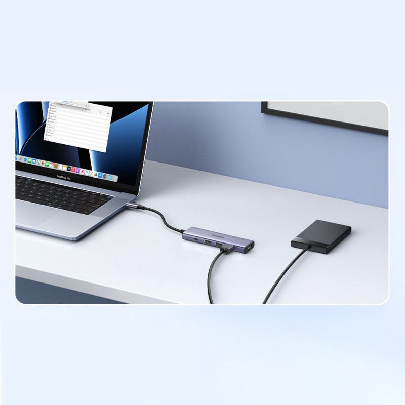 5 viename daugiafunkcis HUB adapteris USB-C 3x USB-A HDMI 4K PD 100 W pilka