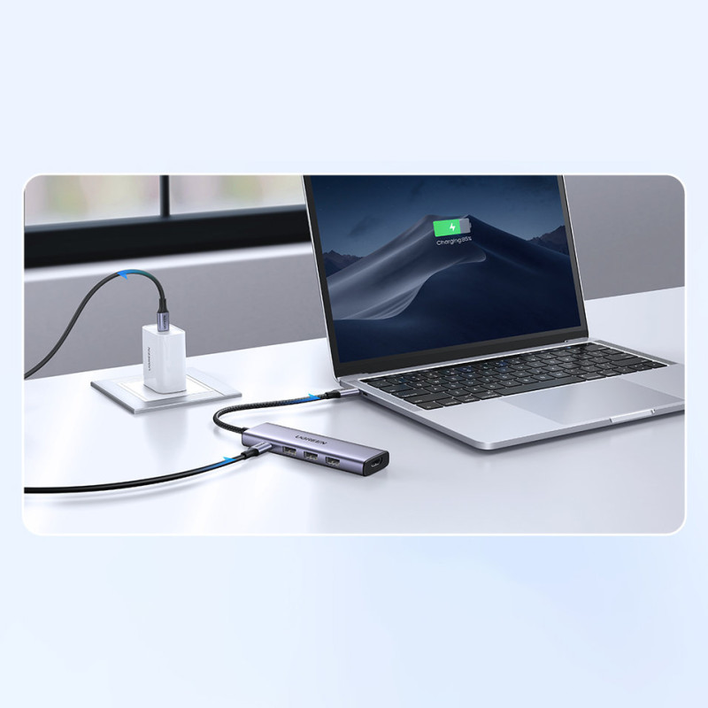 5 viename daugiafunkcis HUB adapteris USB-C 3x USB-A HDMI 4K PD 100 W pilka