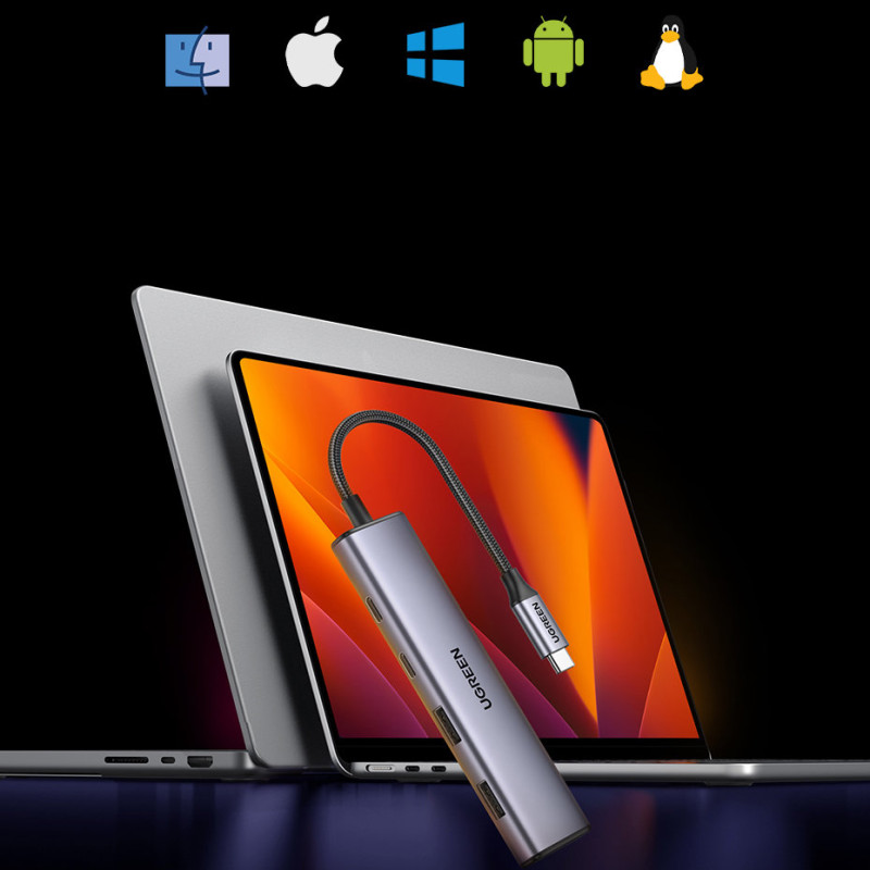 HUB USB-C prievado adapteris – 2x USB-A 2x USB-C 20cm pilka