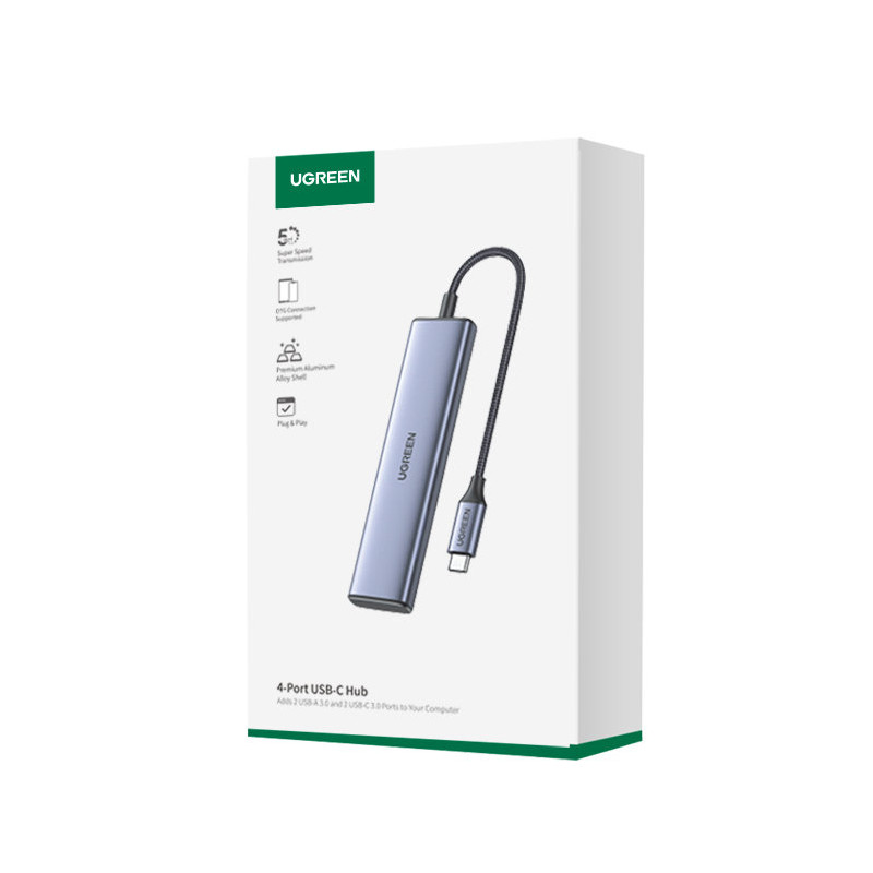 HUB USB-C prievado adapteris – 2x USB-A 2x USB-C 20cm pilka