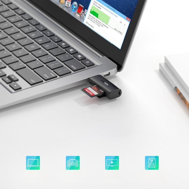 SD TF atminties kortelių skaitytuvas kompiuteriui USB 3.0 juodas