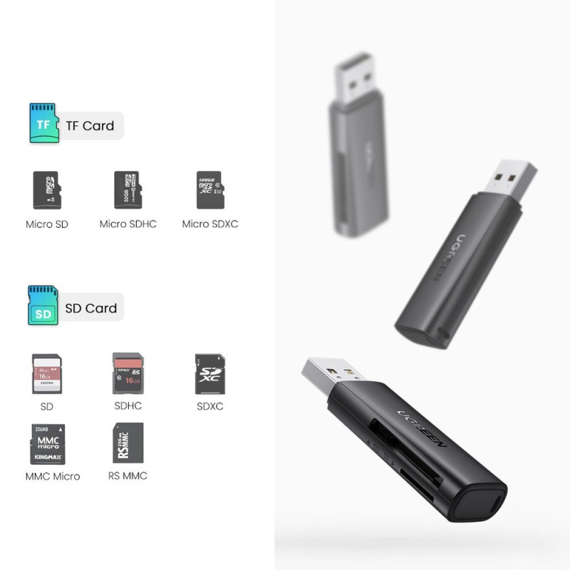 SD TF atminties kortelių skaitytuvas kompiuteriui USB 3.0 juodas