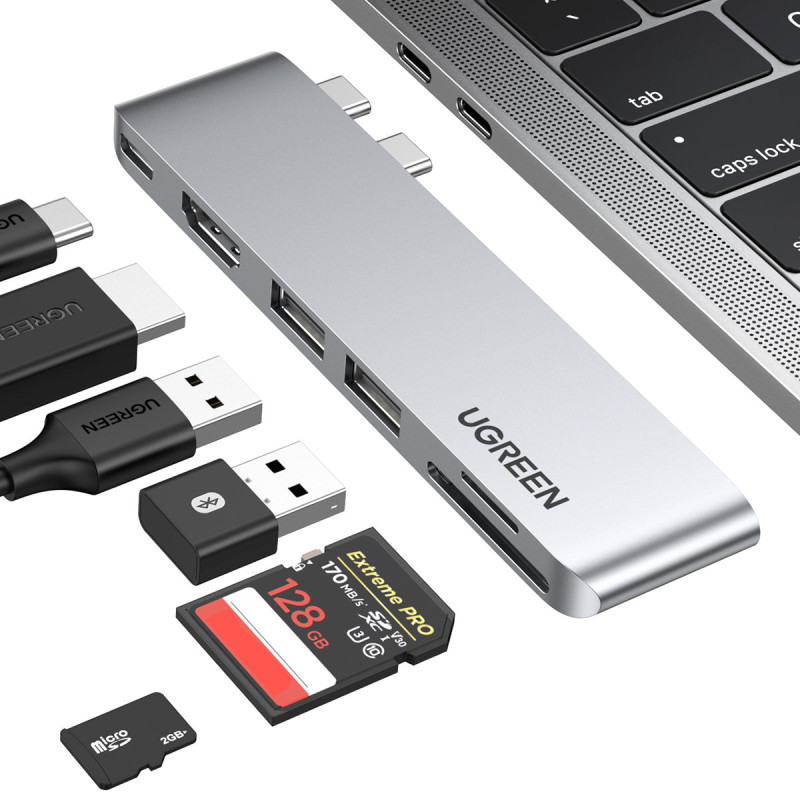 
Prievado skirstytuvas HUB MacBook Air Pro 2x USB-C HDMI 2x USB 3.0 SD TF PD pilka
