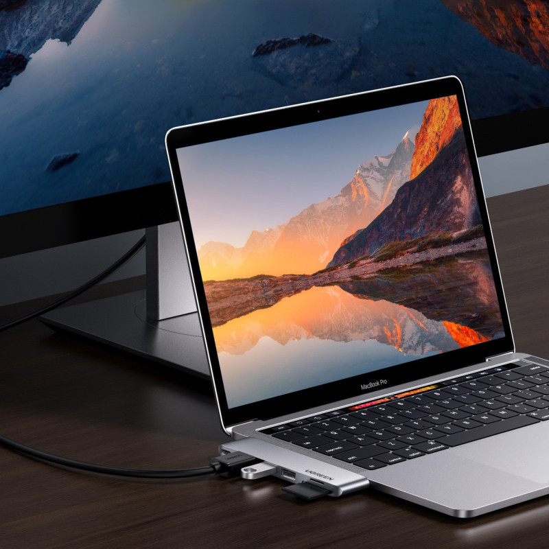 Prievado skirstytuvas HUB MacBook Air Pro 2x USB-C HDMI 2x USB 3.0 SD TF PD pilka