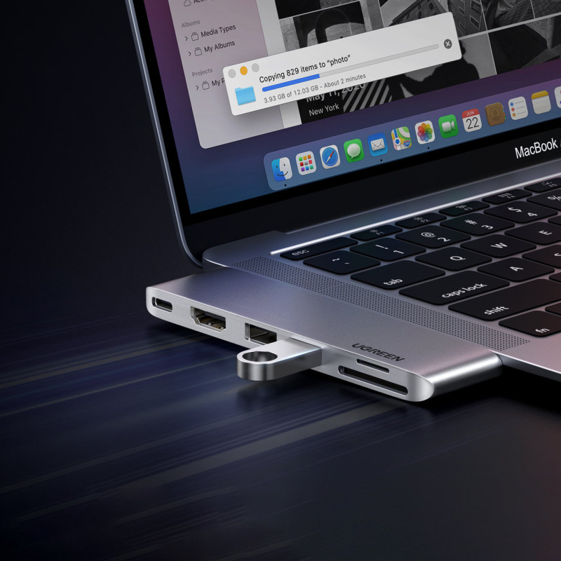 Prievado skirstytuvas HUB MacBook Air Pro 2x USB-C HDMI 2x USB 3.0 SD TF PD pilka