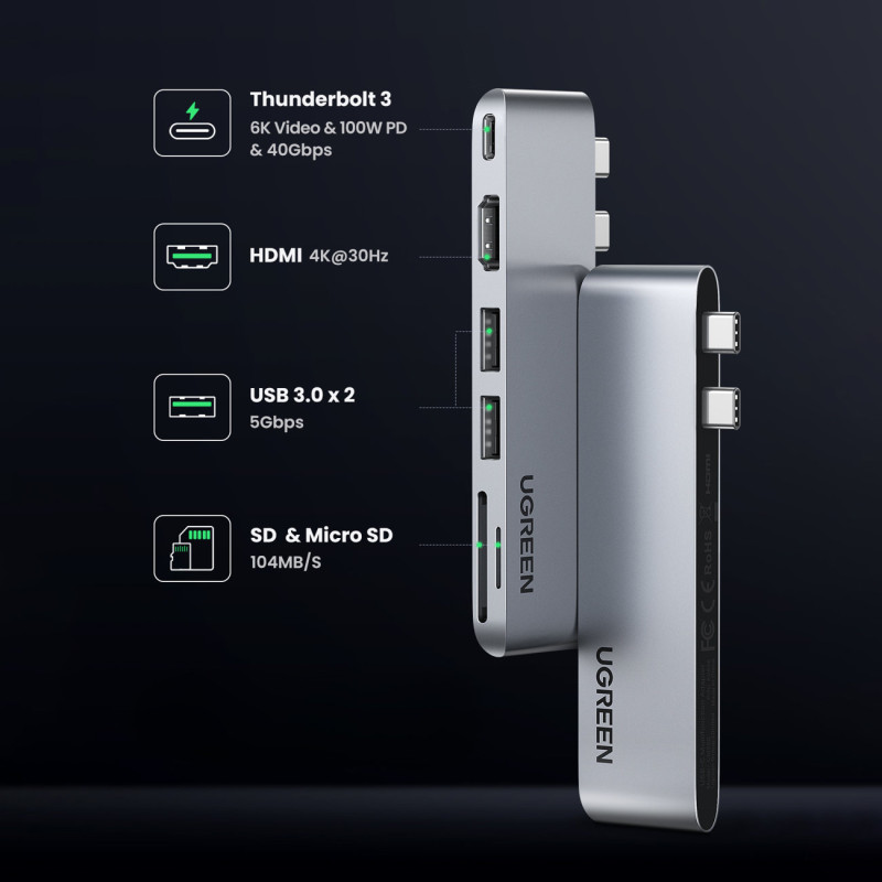 Prievado skirstytuvas HUB MacBook Air Pro 2x USB-C HDMI 2x USB 3.0 SD TF PD pilka