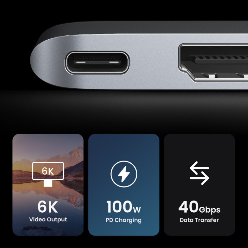 Prievado skirstytuvas HUB MacBook Air Pro 2x USB-C HDMI 2x USB 3.0 SD TF PD pilka