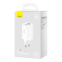 
GaN greitas įkroviklis 2x USB-C USB 65W + USB-C laidas baltas
