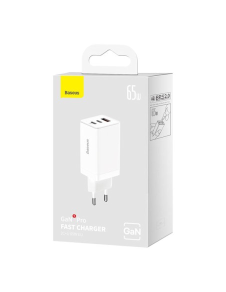 
GaN greitas įkroviklis 2x USB-C USB 65W + USB-C laidas baltas
