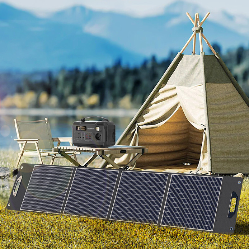 Kempingo saulės įkroviklis, sulankstoma saulės baterija, 300W, juoda