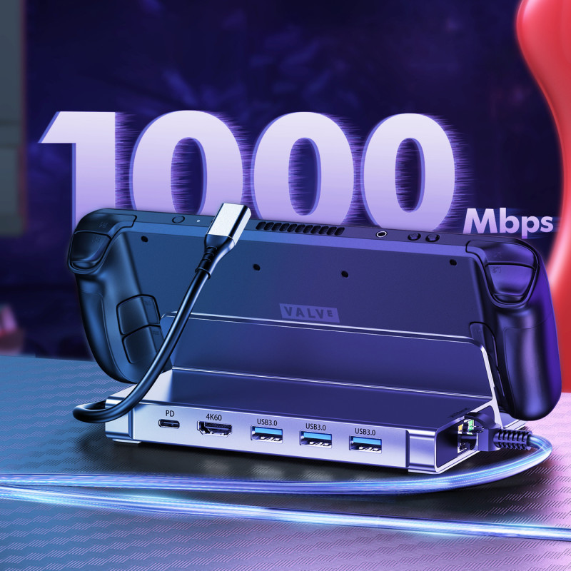 Steam Deck koncentratoriaus adapteris USB-C USB-A HDMI RJ45 PD pilkas