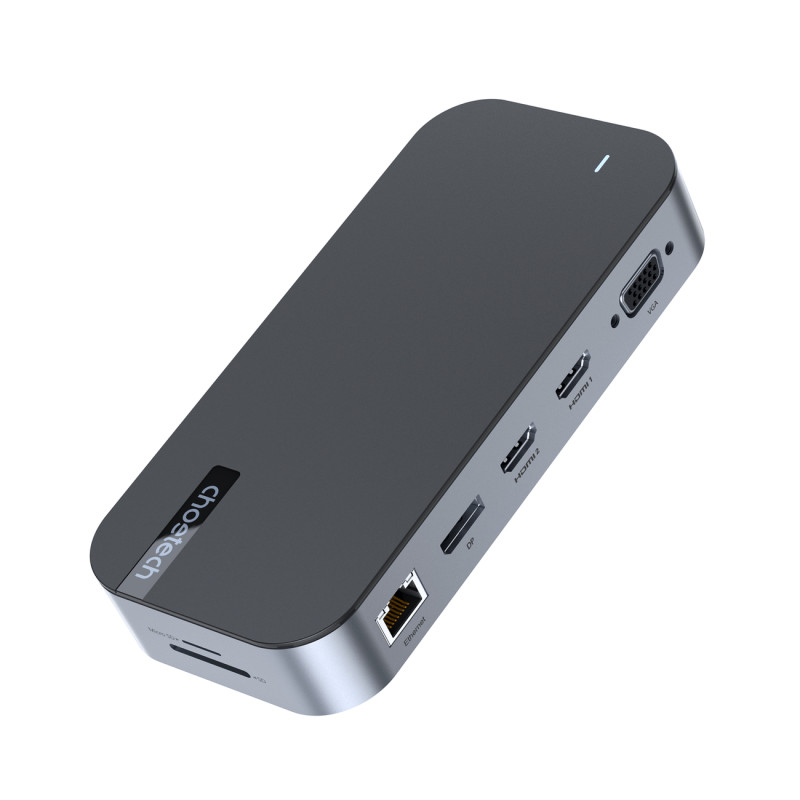 HUB adapteris M52 USB-C USB-A HDMI VGA DP SD TF RJ45 Aux PD Pilka