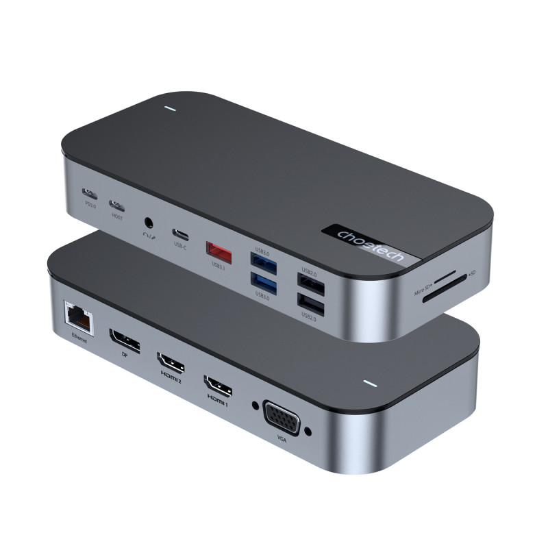 HUB adapteris M52 USB-C USB-A HDMI VGA DP SD TF RJ45 Aux PD Pilka