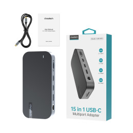 
HUB adapteris M52 USB-C USB-A HDMI VGA DP SD TF RJ45 Aux PD Pilka
