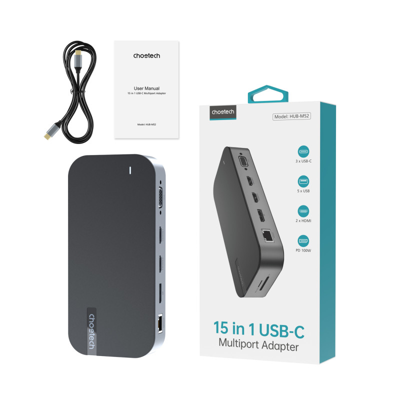 HUB adapteris M52 USB-C USB-A HDMI VGA DP SD TF RJ45 Aux PD Pilka
