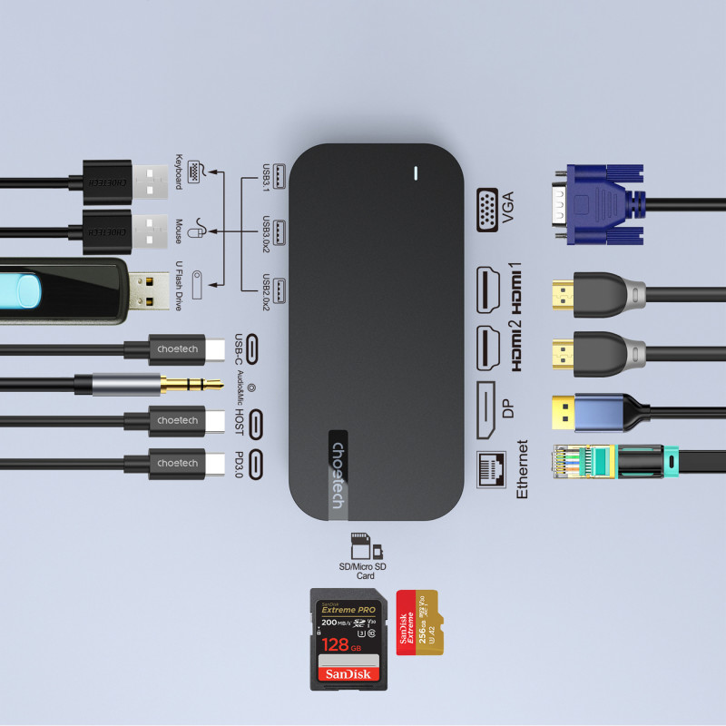 HUB adapteris M52 USB-C USB-A HDMI VGA DP SD TF RJ45 Aux PD Pilka