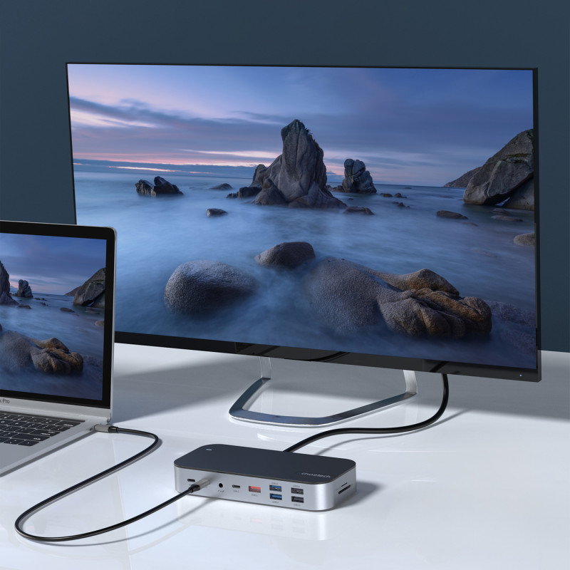 HUB adapteris M52 USB-C USB-A HDMI VGA DP SD TF RJ45 Aux PD Pilka