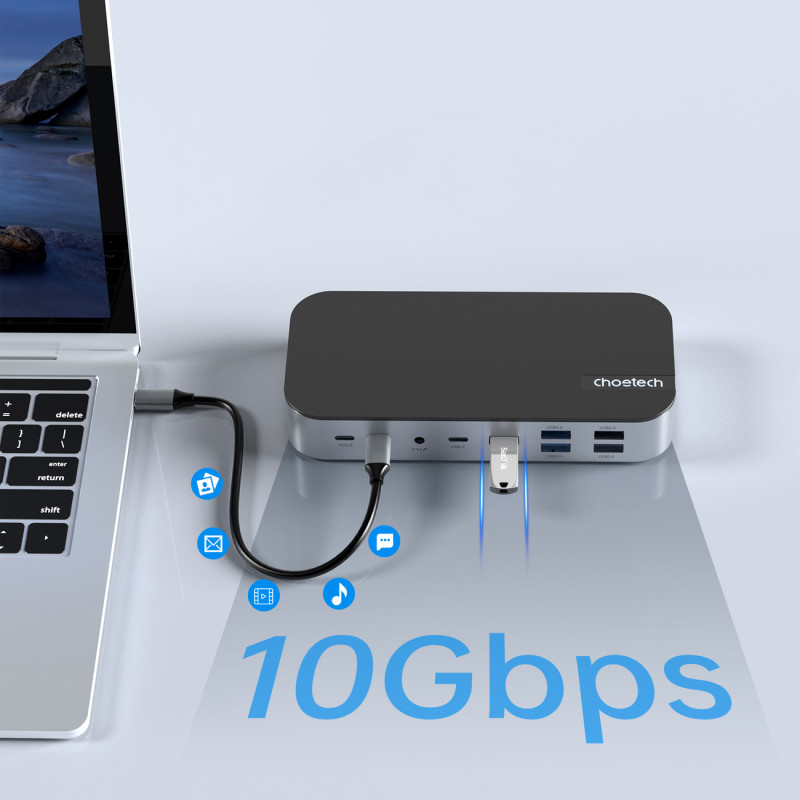 HUB adapteris M52 USB-C USB-A HDMI VGA DP SD TF RJ45 Aux PD Pilka