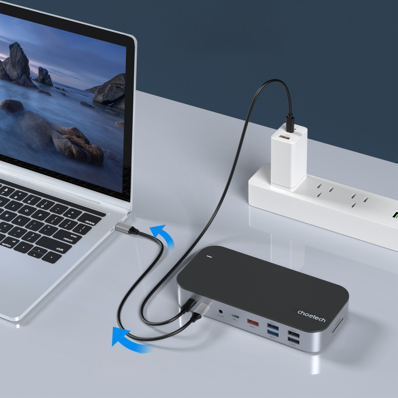 HUB adapteris M52 USB-C USB-A HDMI VGA DP SD TF RJ45 Aux PD Pilka