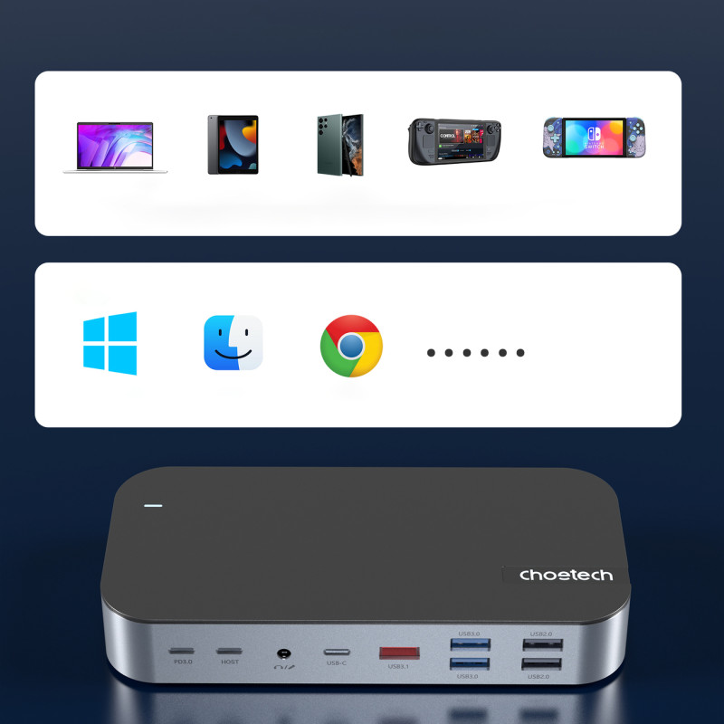 HUB adapteris M52 USB-C USB-A HDMI VGA DP SD TF RJ45 Aux PD Pilka