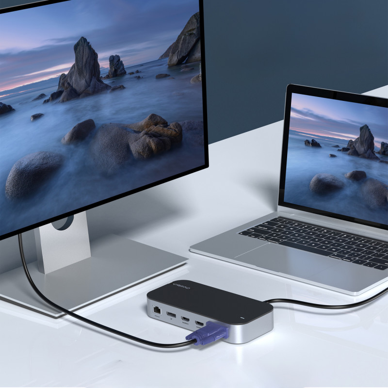 HUB adapteris M52 USB-C USB-A HDMI VGA DP SD TF RJ45 Aux PD Pilka