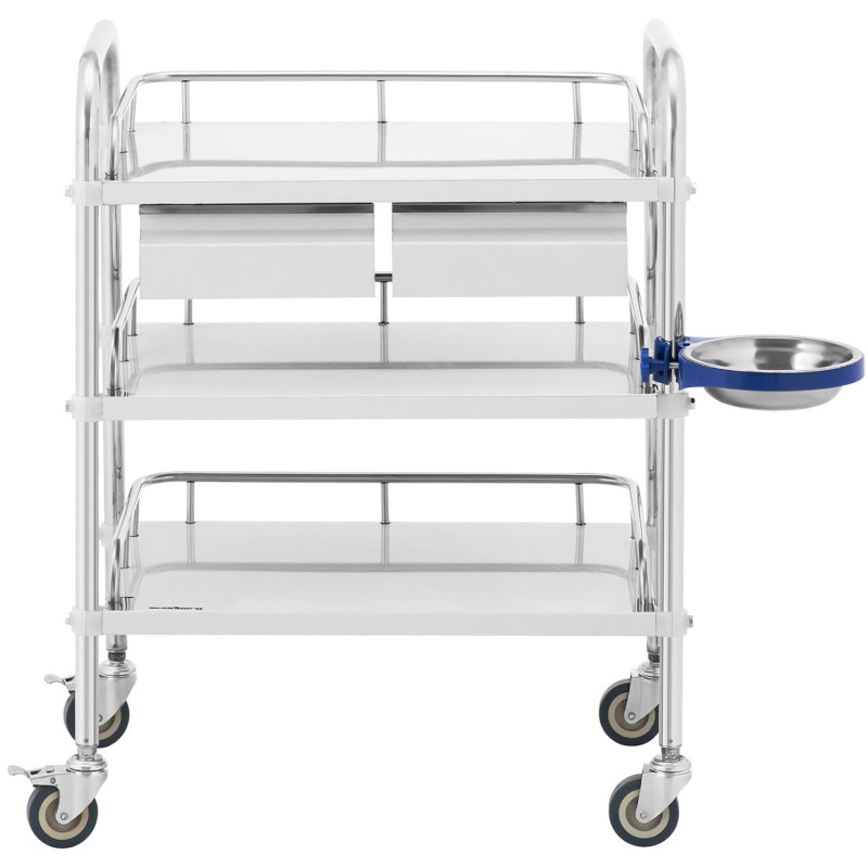 Laboratorinis kosmetinis gydymo vežimėlis pagamintas iš plieno, 3 lentynos, 2 stalčiai, 65 x 39 x 86 cm, 15 kg