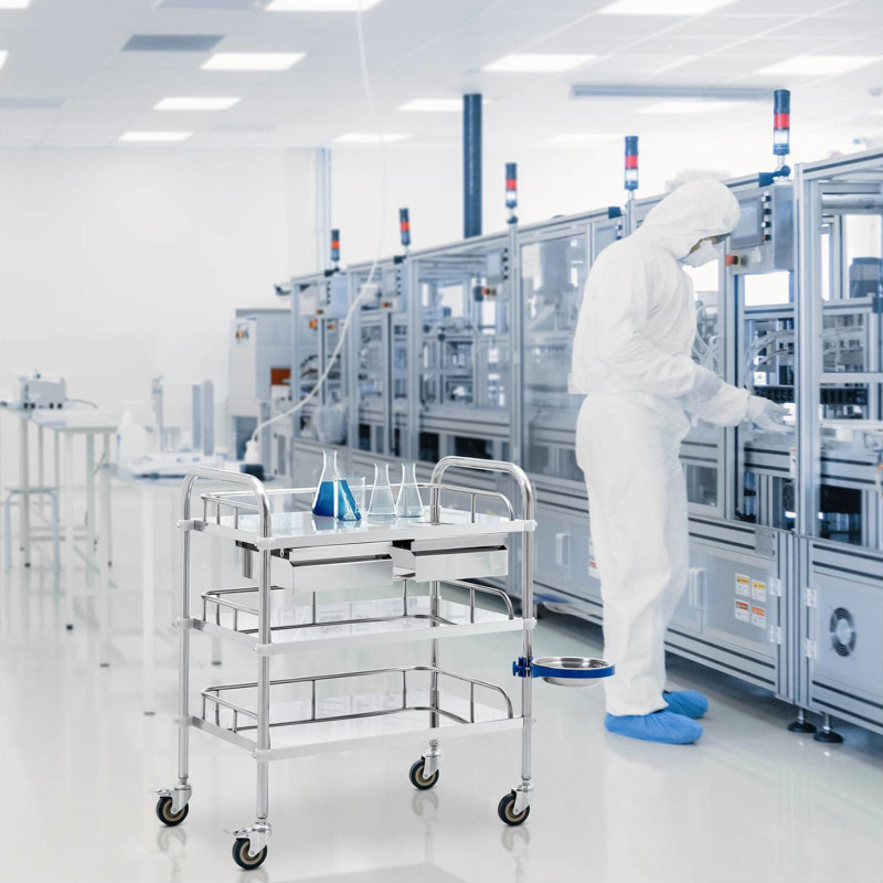 Laboratorinis kosmetinis gydymo vežimėlis pagamintas iš plieno, 3 lentynos, 2 stalčiai, 65 x 39 x 86 cm, 15 kg