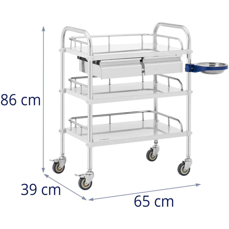 Laboratorinis kosmetinis gydymo vežimėlis pagamintas iš plieno, 3 lentynos, 2 stalčiai, 65 x 39 x 86 cm, 15 kg