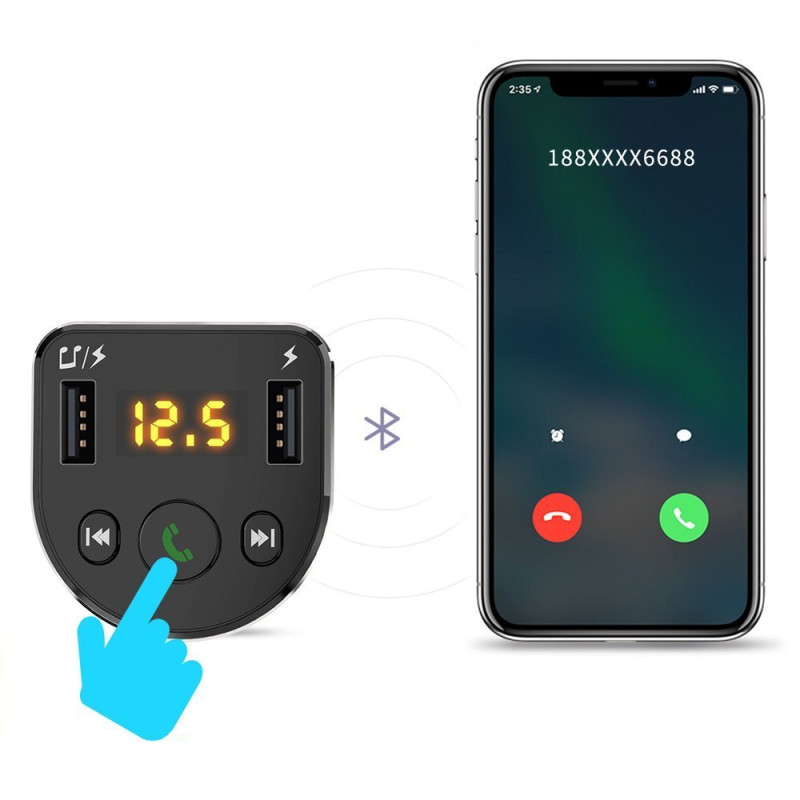 FM MP3 Bluetooth siųstuvas, 2x USB automobilinis įkroviklis, juodos spalvos