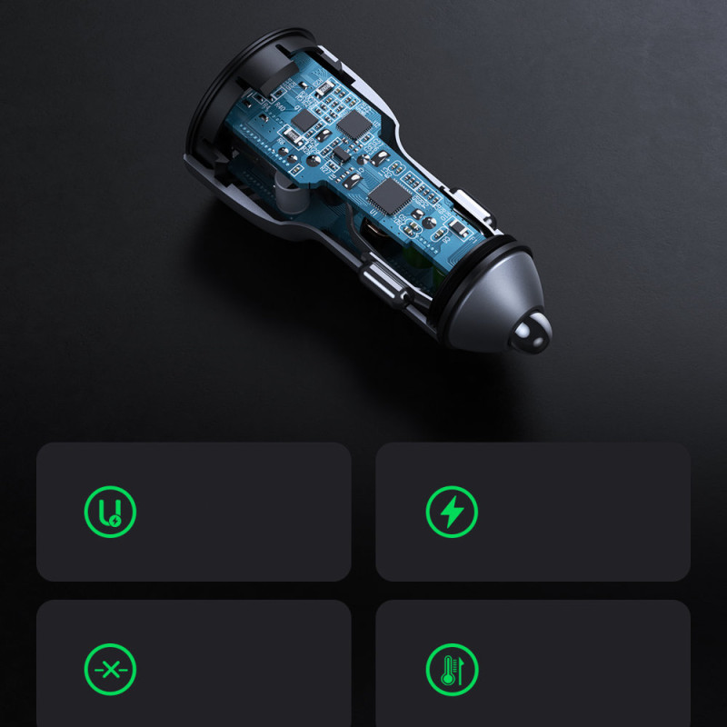 Greitas automobilinis įkroviklis 2x USB 36W Quick Charge SCP FCP AFC pilka