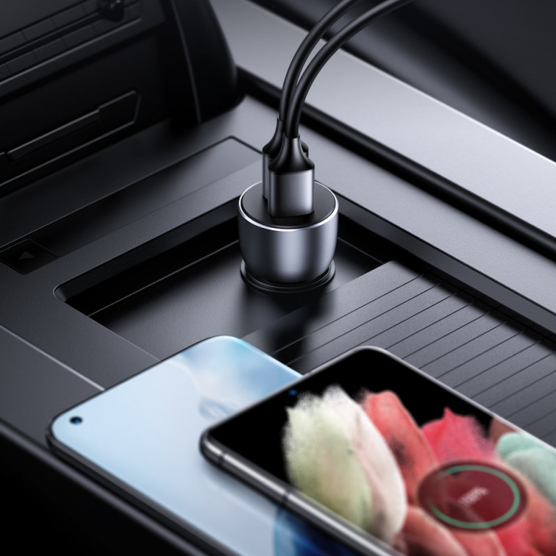 Greitas automobilinis įkroviklis 2x USB 36W Quick Charge SCP FCP AFC pilka