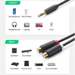 
Kabelio garso lizdo adapterio kabelis 3,5 mm kištukas - 2x RCA lizdas, 0,25 m pilkas
