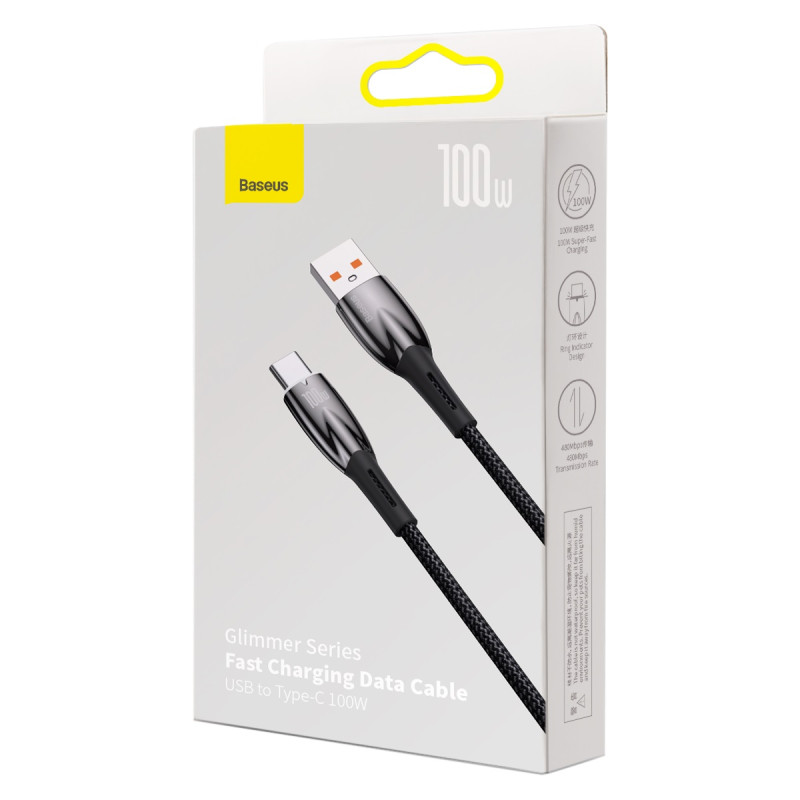 Patvarus lankstus greito įkrovimo laidas USB-A - USB-C 100W 1m juodas