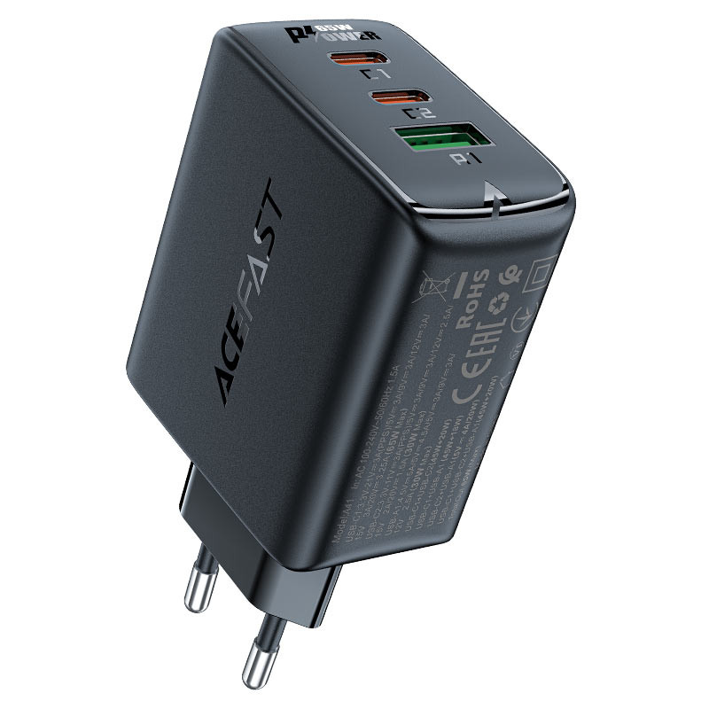 
GaN greitas įkroviklis 2x USB-C USB-A PPS PD QC4+ 65W juodas
