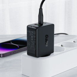 
GaN greitas įkroviklis 2x USB-C USB-A PPS PD QC4+ 65W juodas

