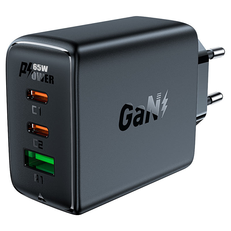 
GaN greitas įkroviklis 2x USB-C USB-A PPS PD QC4+ 65W juodas
