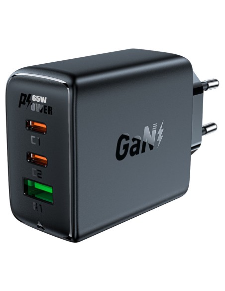 
GaN greitas įkroviklis 2x USB-C USB-A PPS PD QC4+ 65W juodas

