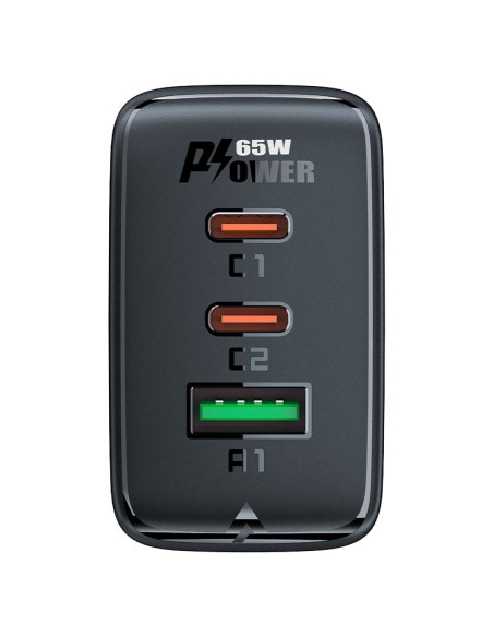 
GaN greitas įkroviklis 2x USB-C USB-A PPS PD QC4+ 65W juodas
